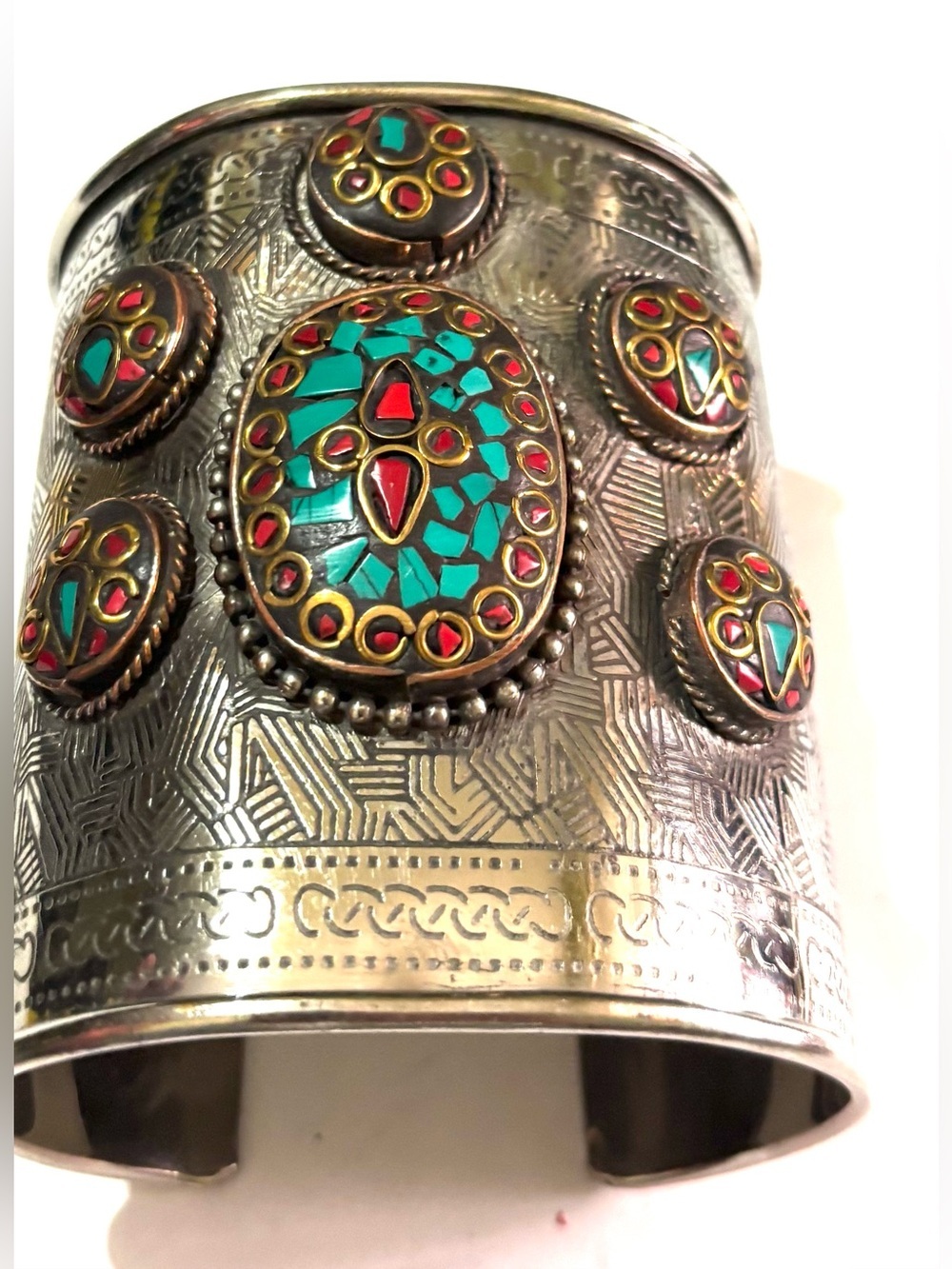 Vintage Turquoise and Red Mosaic Silver-Tone Cuff Bracelet